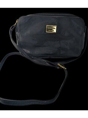 Vittoria New York Black Faux Leather Crossbody Bag With Gold Logo Plate & Adjust